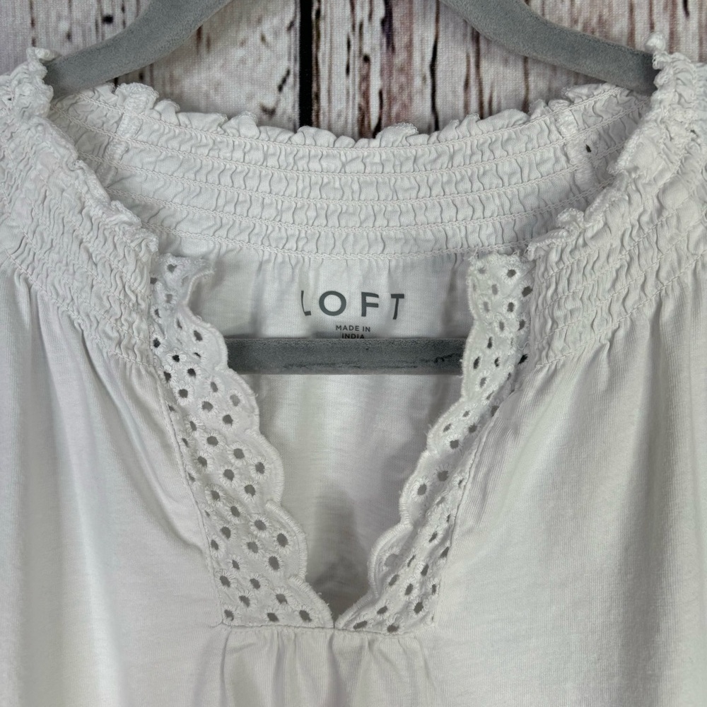 LOFT Size Large White Blouse Eyelet Sleeves & Neck‎ Split Neckline 100% Cotton - Picture 2 of 11